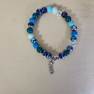 Blue and Teal Beaded Bracelet with Seahorse Charm